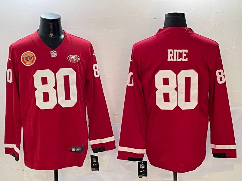 Men San Francisco 49ers 80 Rice Red long sleeve 2024 Nike NFL Jersey style 01045